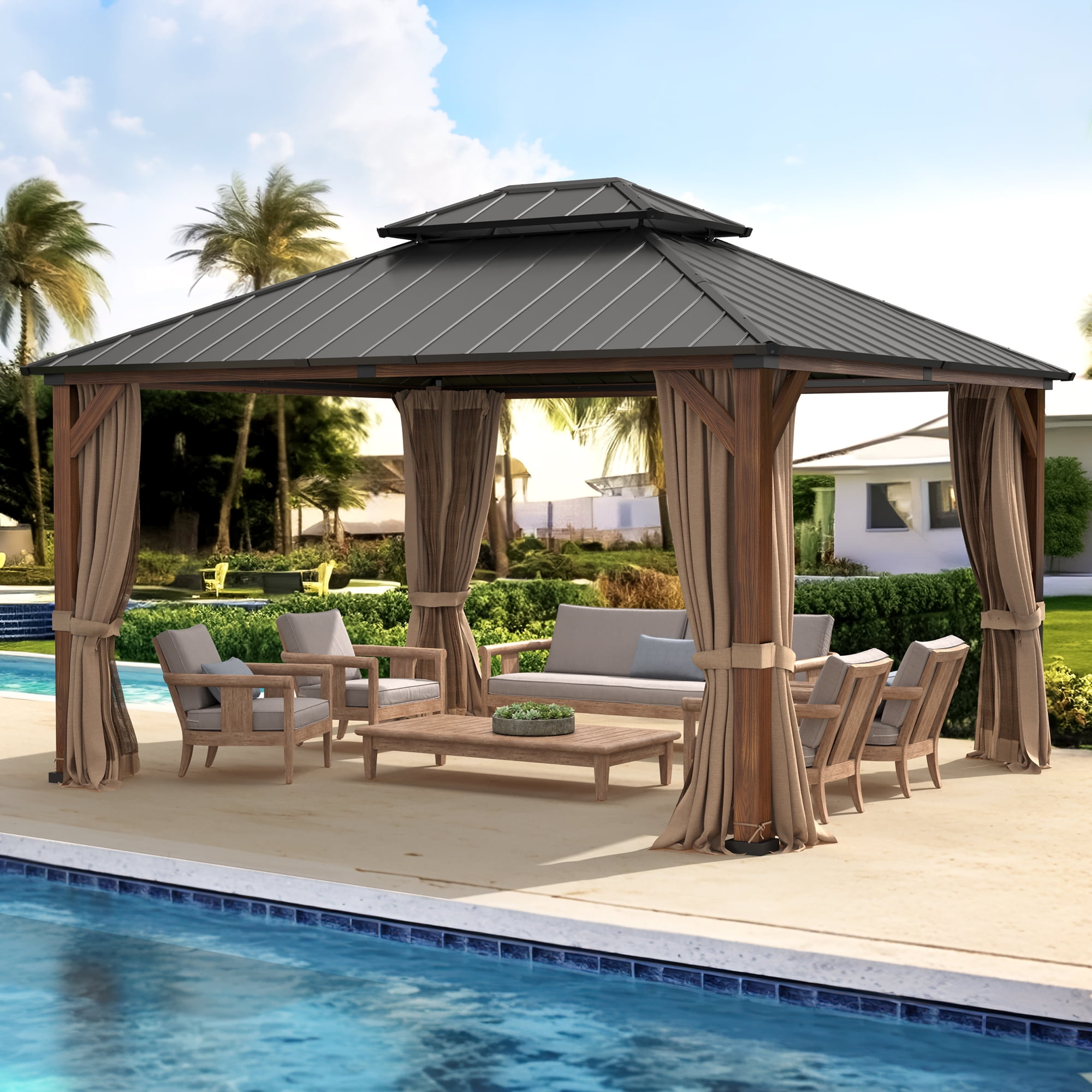 LUE BONA Hardtop Gazebo with Nettings, Galvanized Steel Double Roof, 12 ...