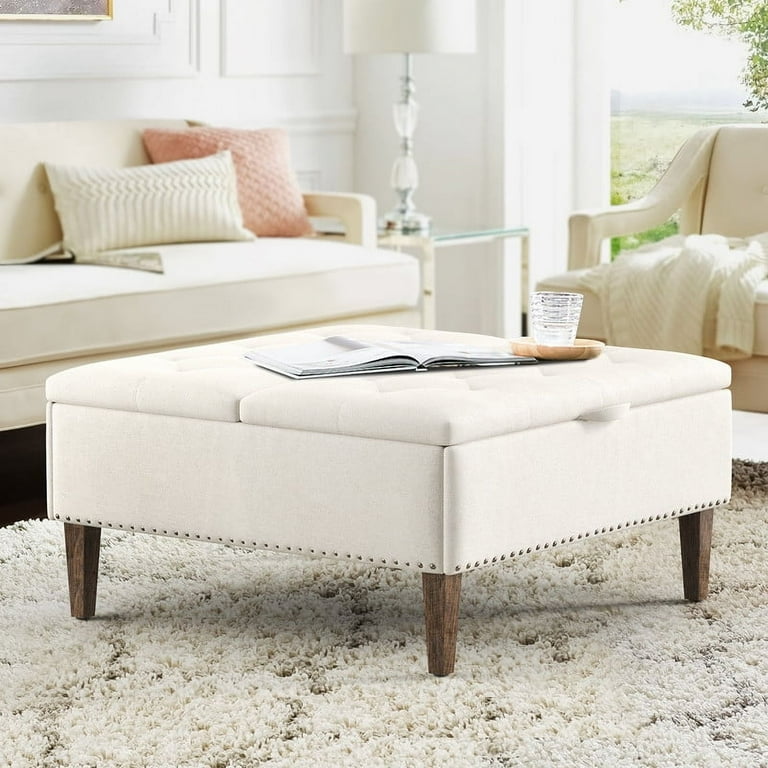 Lue Bona Large Storage Ottoman Lift Top Coffee Tables 36 inch Tufted Waffle Faux Leatherwhite