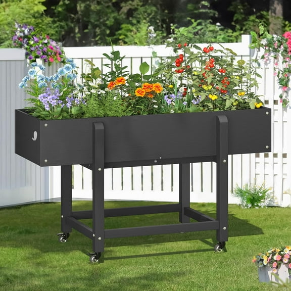 LUE BONA Raised Garden Bed with Wheels, 48 * 16.7 * 28 in, Poly Elevated Outdoor Planter Box with Tools, Weather Resistant, Standing Growing Bed Herb Planter for