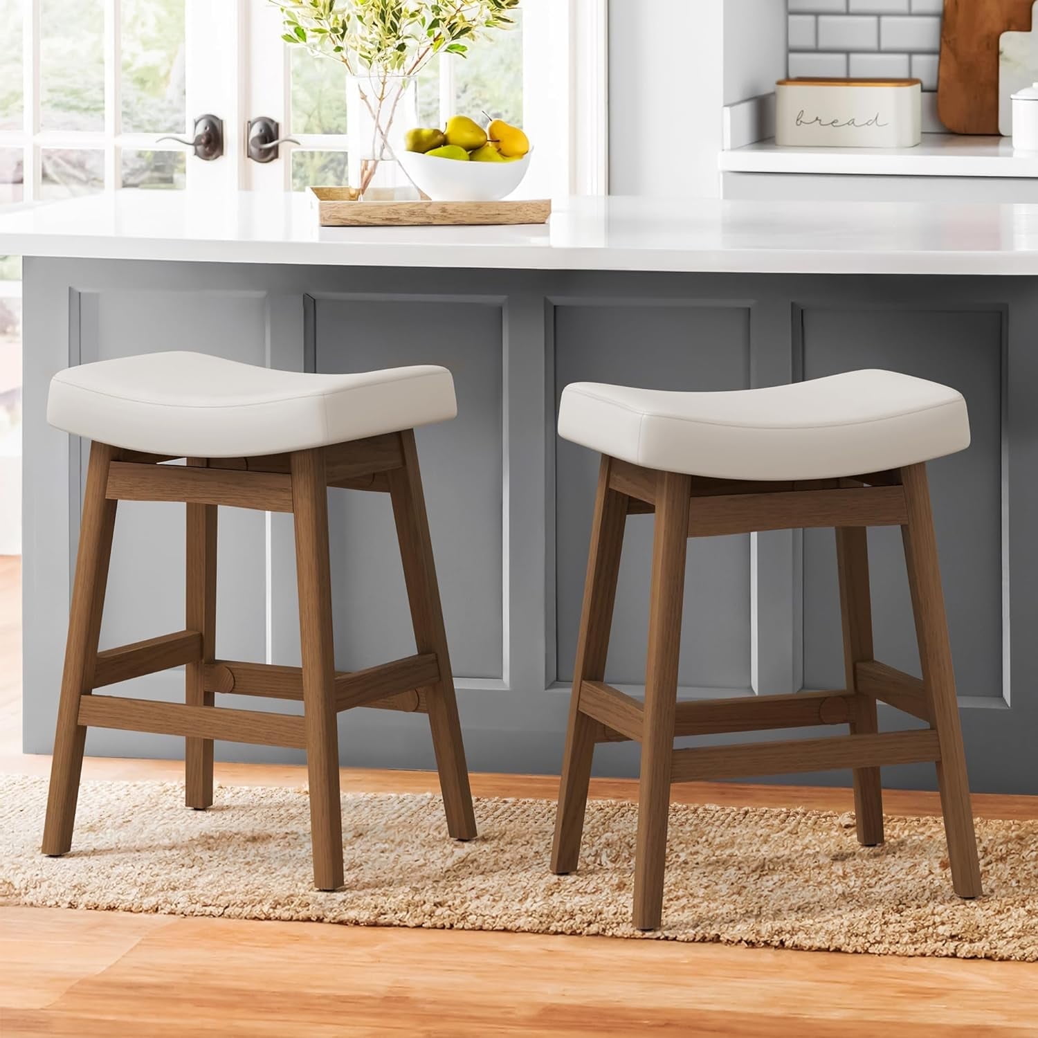 LUE BONA Saddle Seat Counter Height Bar Stools Set of 2 for Kitchen Dining 24in Antique White