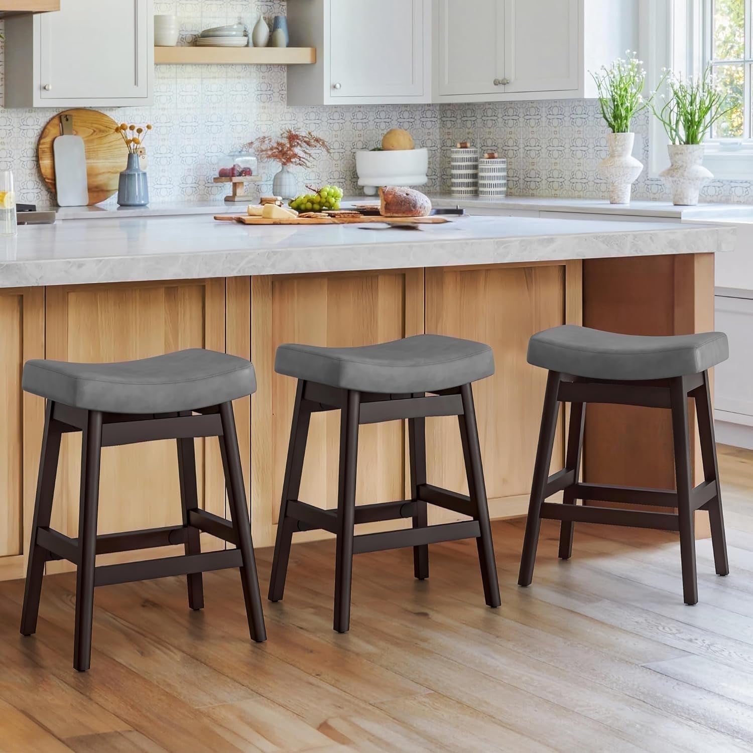 LUE BONA Saddle Seat Counter Height Bar Stools Set of 3 for Kitchen ...