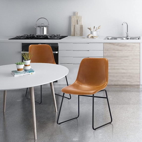LUE BONA Set of 2 ALX Faux Leather Dining Chairs with Back, Modern Metal Frame Armless Chairs, 18"High Stools, Whiskey Brown