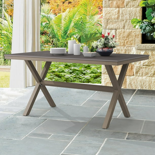 LUE BONA Sturdy X Base Rectangular Aluminum Plastic Wood Outdoor Patio Dining Table 29.53 H X 34.65 W X 59.1 L Light Gray