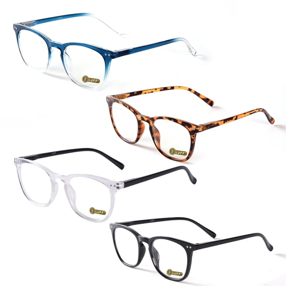 LUFF 4Packs Reading Glasses Fashion Resin Clear Resist Blue Light Computer Eyeglasses Block Round Oversized Optics Presbyopic Durable Spring Hinge Glare Filter,for Women/Men 2.5x