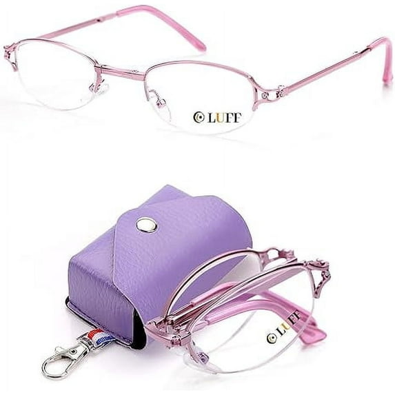 LUFF Pocket Folding Reading Glasses, Compact Reading Glasses with Lether Case, Foldable Readers Blue Light Anti Eyestrain
