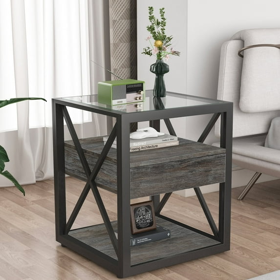 LUFTUT 21" Industrial Grey Side Table with Tempered Glass Top, 3-Tier Nightstand with Storage Drawer & Metal X-Frame, Grey Wood MDF End Table for Living Room & Bedroom, Support up to 110lbs