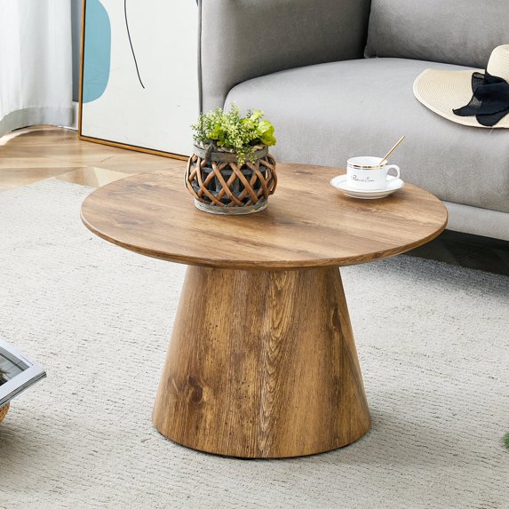 LUFTUT 25.6" Round Coffee Table, Small-Space Wood Coffee Table with Wide Pedestal Base, 1" Thick Engineered-Wood Top, Farmhouse/Scandi Accent Center Table for Living Room, 300 lb (Oak)