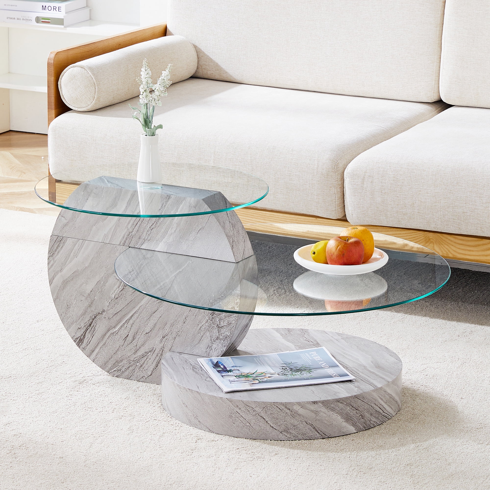 LUFTUT 35.4" Modern Glass Coffee Table, 3-Tier Round Tempered Glass ...