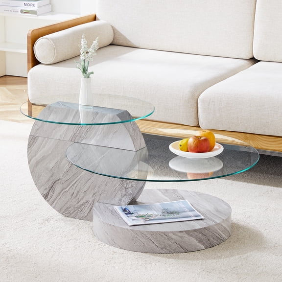 LUFTUT 35.4" Modern Glass Coffee Table, 3-Tier Round Tempered Glass, Light Gray Marble-Look MDF Base, Coffee Table with Storage for Living Room, Easy Assembly
