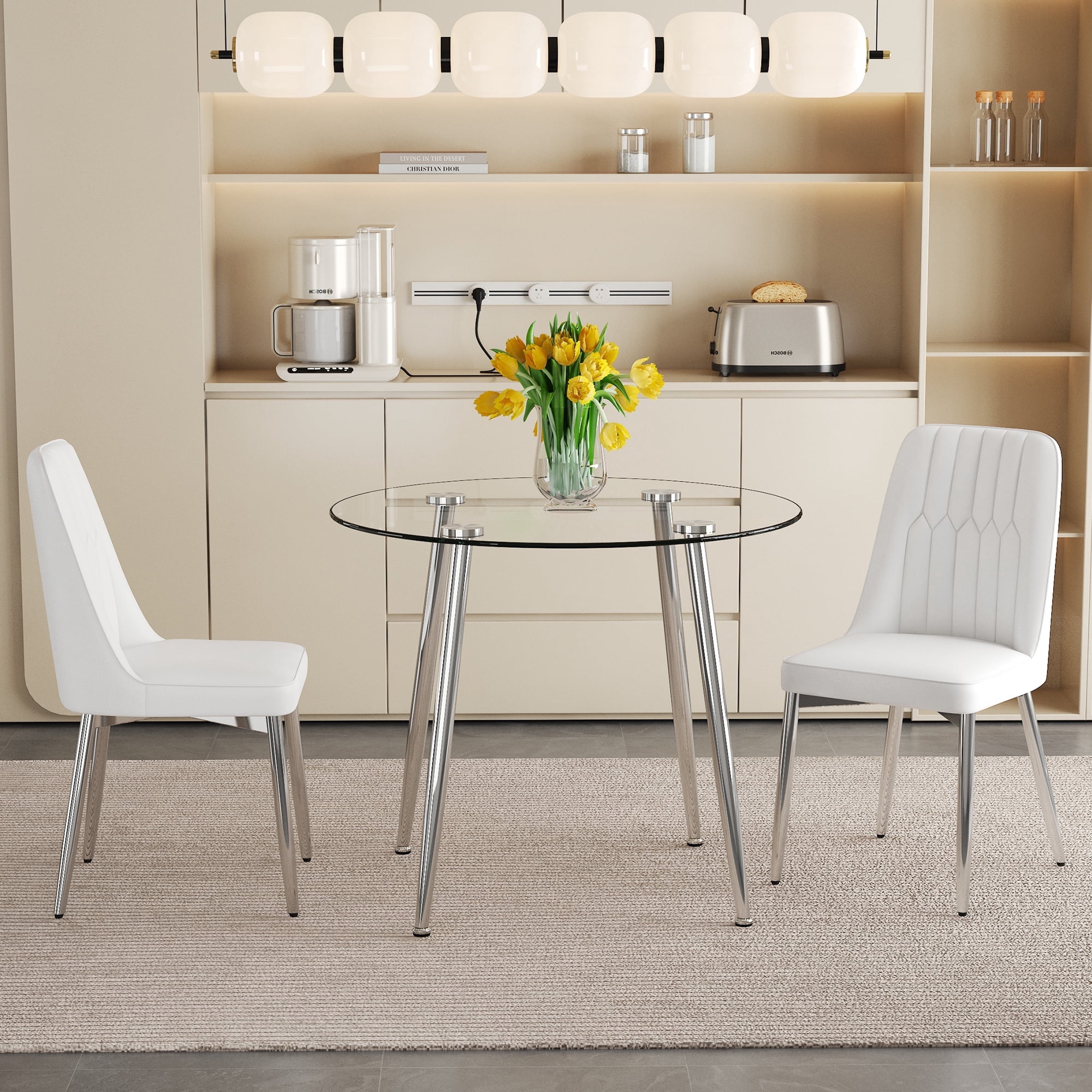 LUFTUT 36" Round Glass Dining Table Set for 2, Modern Kitchen Table ...