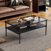 LUFTUT 38" Modern Rectangle Coffee Table with Gray Tempered Glass Top, 2-Tier Center Table with Black MDF Storage Shelf and Metal Legs, Minimalist Living Room Furniture, Gray Finish