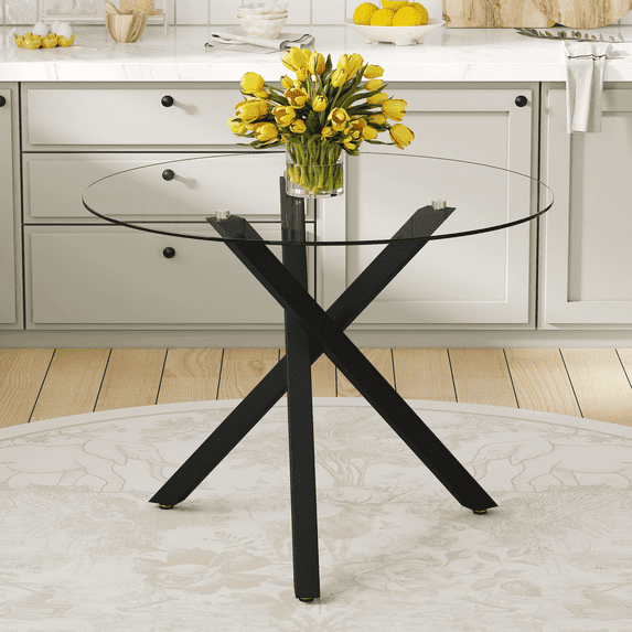 LUFTUT 39" Round Dining Table , Clear Tempered Glass Kitchen Table, Black X-Leg Metal Base, Modern Circle Leisure Table for 4