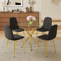 LUFTUT 4-Piece 36.6 Inch Round Dining Table Set for 4, Modern Luxe Glass Kitchen Table with 4 Black Fabric Chairs, Gold Metal Base Minimalist Dinner Set for Small Spaces