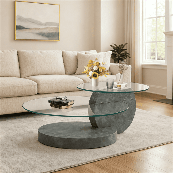 LUFTUT 42" Glass Coffee Table, 3-Tier Round Tempered Glass with Gray Stone-Texture Base, Storage Shelves, Modern Living Room Table