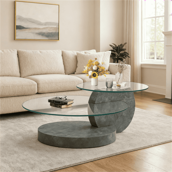 LUFTUT 42" Glass Coffee Table, 3-Tier Round Tempered Glass with Gray Stone-Texture Base, Storage Shelves, Modern Living Room Table