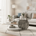 thumbnail image 1 of LUFTUT 42" Glass Coffee Table, Round Coffee Table, 2-Tier Tempered Glass Tabletop with Grey Faux Marble Base, Storage Shelves, Modern Center Table for Living Room, 1 of 8
