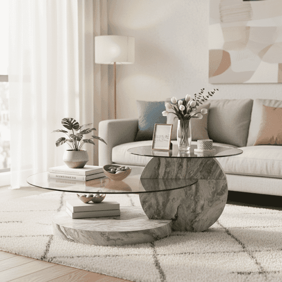 LUFTUT 42" Glass Coffee Table, Round Coffee Table, 2-Tier Tempered Glass Tabletop with Grey Faux Marble Base, Storage Shelves, Modern Center Table for Living Room