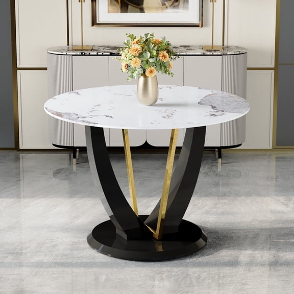 LUFTUT 42" Round Dining Table for 4-6, Scratch-Resistant Glass Kitchen Table Top with Wood Pedestal, Black Circle Dinner Tables for Kitchen Dining Room, Easy to Assemble