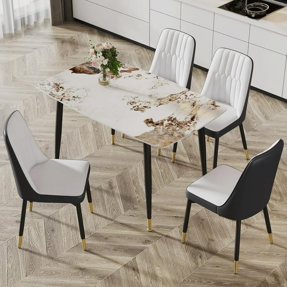 LUFTUT 48.4'' Dining Table Set for 4, Marble Pattern Dining Table with 4 PU Leather Chairs, Stylish Kitchen Table Set with Metal Legs, Comfortable & Easy Assembly