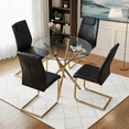 thumbnail image 1 of LUFTUT 5-Piece 36.6 Inch Round Dining Table Set for 4, Modern Glass Top Kitchen Table with 4 Black PU Chairs, Gold Chrome Base Minimalist Dinner Set for Small Spaces, 1 of 9
