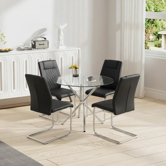 LUFTUT 5-Piece 36.6 Inch Round Dining Table Set for 4, Modern Glass Top Kitchen Table with 4 Black PU Chairs, Silver Chrome Base Minimalist Dinner Set for Small Spaces