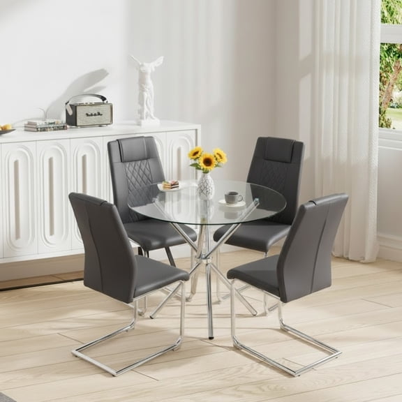 LUFTUT 5-Piece 36.6 Inch Round Dining Table Set for 4, Modern Glass Top Kitchen Table with 4 Dark Gray PU Chairs, Silver Chrome Base Minimalist Dinner Set for Small Spaces