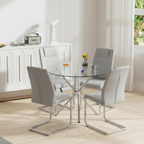 LUFTUT 5-Piece 36.6 Inch Round Dining Table Set for 4, Modern Glass Top Kitchen Table with 4 Light Gray PU Chairs, Silver Chrome Base Minimalist Dinner Set for Small Spaces