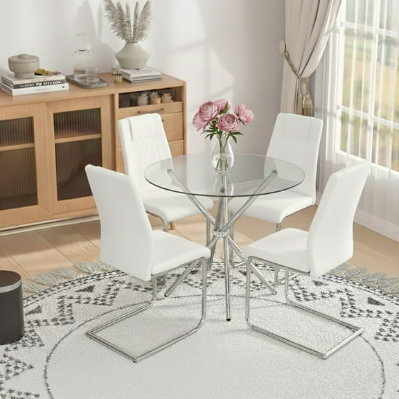 LUFTUT 5-Piece 36.6 Inch Round Dining Table Set for 4, Modern Glass Top Kitchen Table with 4 White PU Chairs, Silver Chrome Base Minimalist Dinner Set for Small Spaces