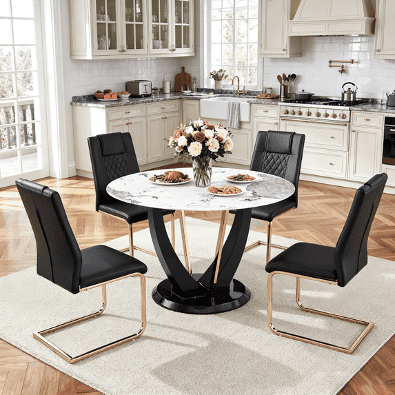 LUFTUT 5-Piece 48" Round Dining Table Set for 4, Faux Marble Glass Top Kitchen Table with 4 Black PU Chairs and Gold Legs for Apartment Living Room