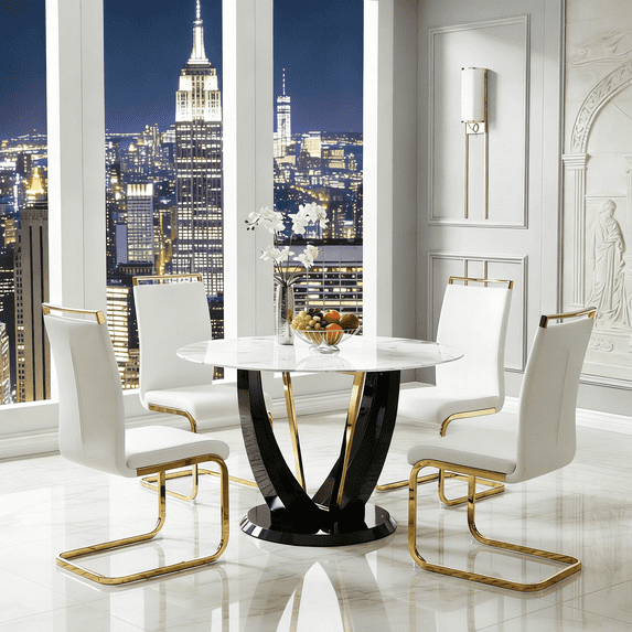 LUFTUT 5-Piece 48" Round Dining Table Set for 4, Faux Marble Glass Top Kitchen Table with 4 White PU Chairs and Gold Legs for Apartment Living Room