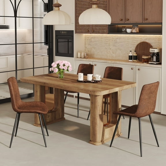 LUFTUT 5-Piece 64.5" Dining Table Set for 4, Modern Farmhouse Kitchen Table with 4 Brown Faux Suede Chairs, Rustic Wood Dinner Set for Family Gatherings
