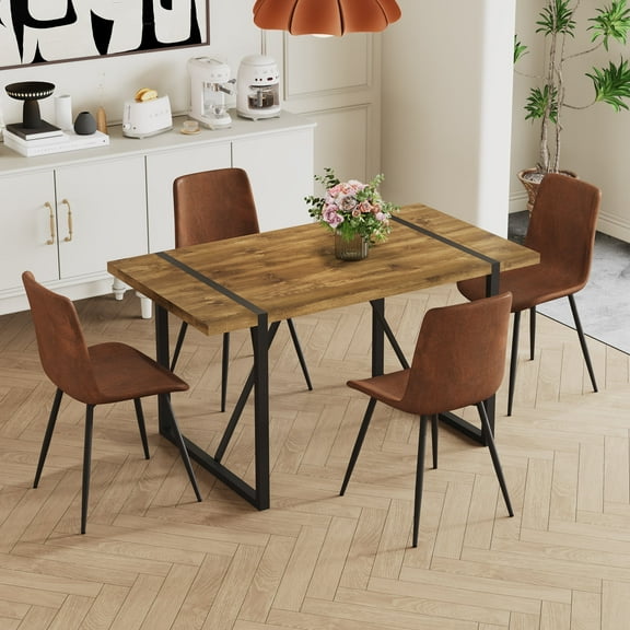 LUFTUT 5-Piece Dining Table Set for 4, 55" Dark Wood-Look Rectangular Table with Black Metal Legs, 4 Brown Fabric Chairs, Modern Dining Room Set for Kitchen