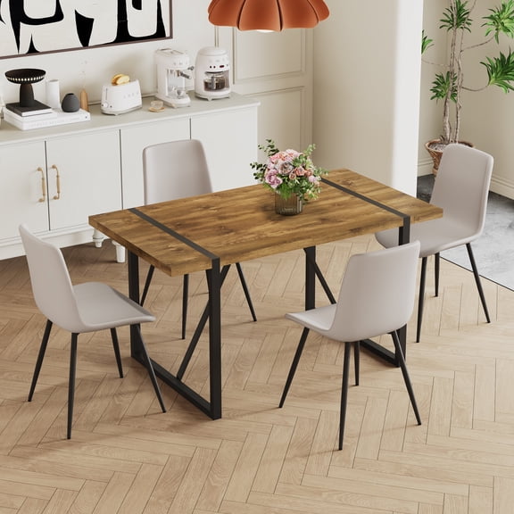 LUFTUT 5-Piece Dining Table Set for 4, 55" Dark Wood-Look Rectangular Table with Black Metal Legs, 4 Light Gray PU Leather Chairs, Modern Dining Room Set for Kitchen