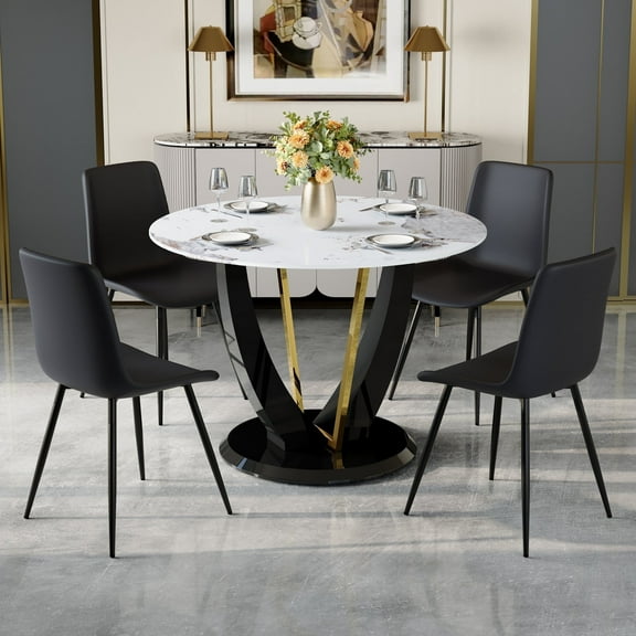 LUFTUT 5-Piece Dining Table Set, 42" Faux Marble Round Kitchen Table with 4 Black PU Upholstered Chairs for Small Spaces