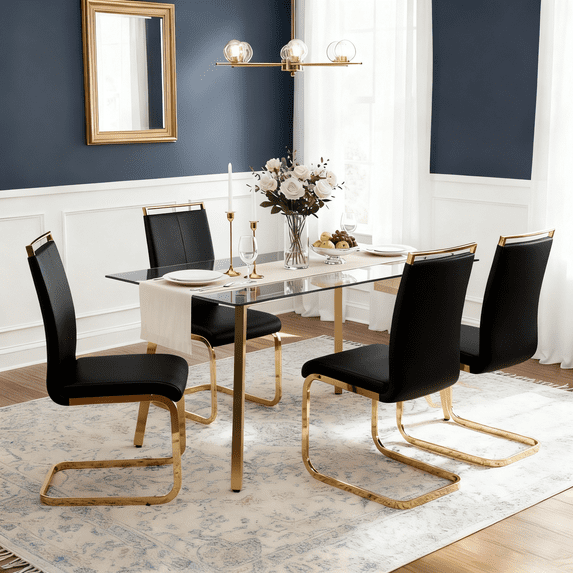 LUFTUT 5-Piece Glass Dining Table Set for 4, 51" Rectangular Tempered Glass Table with Gold Metal Legs, 4 Black PU Leather Upholstered Chairs, Space-Saving Kitchen & Dining Room Set