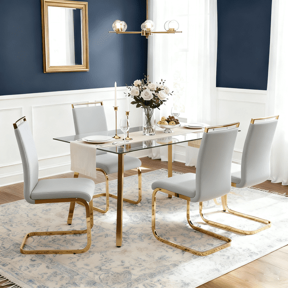 LUFTUT 5-Piece Glass Dining Table Set for 4, 51" Rectangular Tempered Glass Table with Gold Metal Legs, 4 Light Gray PU Leather Upholstered Chairs, Space-Saving Kitchen & Dining Room Set