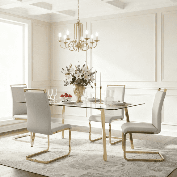 LUFTUT 5-Piece Glass Dining Table Set for 4, 51" Rectangular Tempered Glass Table with Gold Metal Legs, 4 Light Gray PU Leather Upholstered Chairs, Space-Saving Kitchen & Dining Room Set