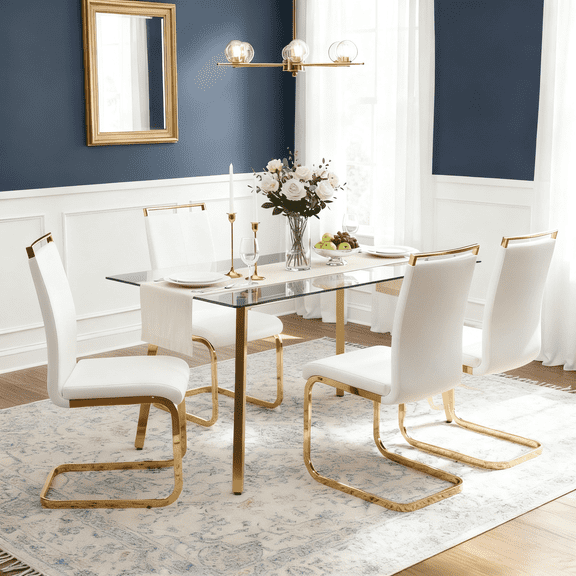 LUFTUT 5-Piece Glass Dining Table Set for 4, 51" Rectangular Tempered Glass Table with Gold Metal Legs, 4 White PU Leather Upholstered Chairs, Space-Saving Kitchen & Dining Room Set