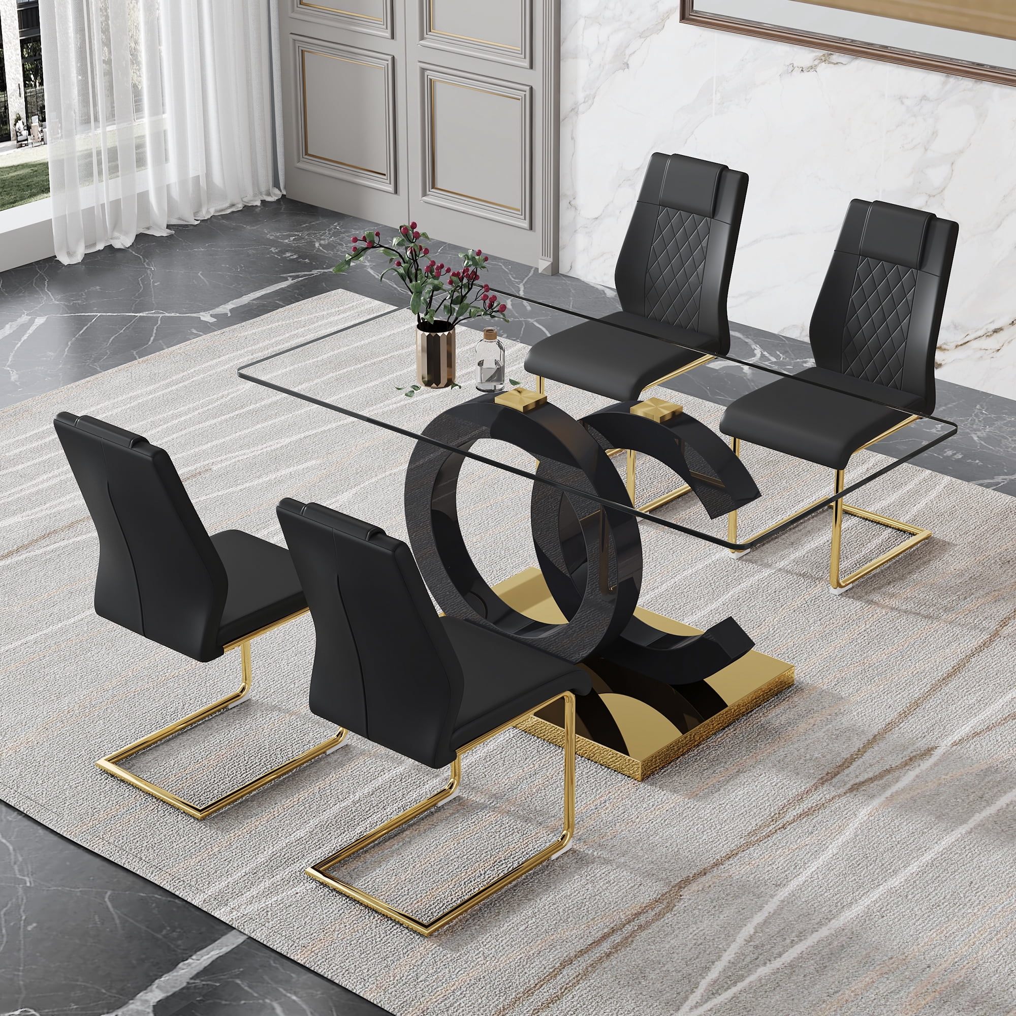 LUFTUT 5-Piece Glass Dining Table Set for 4, 63" Modern Rectangular Kitchen Table with Black OC-Shape Base & Gold Finish, Contemporary Dinner Set with 4 Black PU Loop Base Chairs