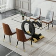 thumbnail image 1 of LUFTUT 5-Piece Glass Dining Table Set for 4, 63" Modern Rectangular Kitchen Table with Black OC-Shape Base & Gold Trim, Contemporary Dinner Set with 4 Light Grey & Brown Patchwork PU Chairs, 1 of 9