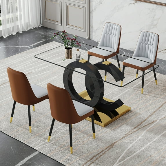 LUFTUT 5-Piece Glass Dining Table Set for 4, 63" Modern Rectangular Kitchen Table with Black OC-Shape Base & Gold Trim, Contemporary Dinner Set with 4 Light Grey & Brown Patchwork PU Chairs