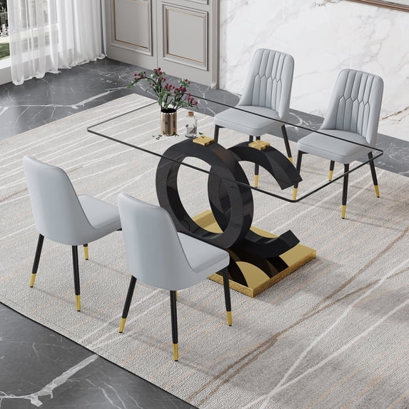 LUFTUT 5-Piece Glass Dining Table Set for 4, 63" Modern Rectangular Kitchen Table with Black OC-Shape Base & Gold Trim, Contemporary Dinner Set with 4 Light Grey PU Chairs