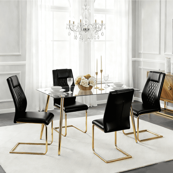 LUFTUT 5-Piece Glass Dining Table Set, 51" Tempered Glass Table with Gold Metal Legs and 4 Black PU Leather Cantilever Chairs, Modern Kitchen & Dining Room Set, 300 lb Capacity