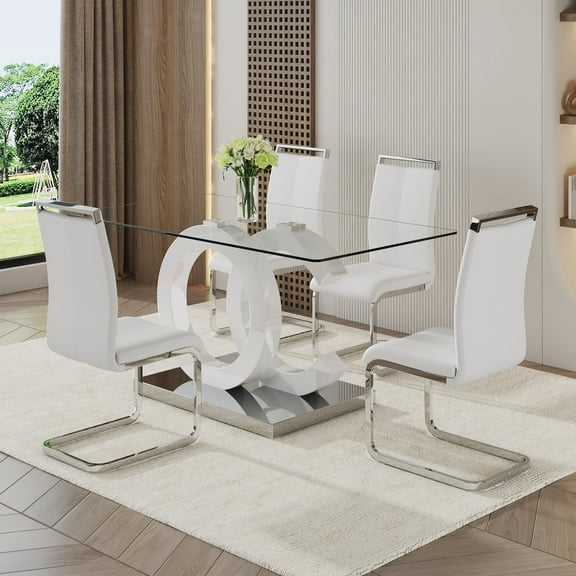 LUFTUT 5-Piece Glass Kitchen Table Set for 4, 63" Rectangular Tempered Glass Table, White OC-Shape MDF Pedestal, 4 PU Leather Chrome Cantilever Chairs for Apartment & Dining Room