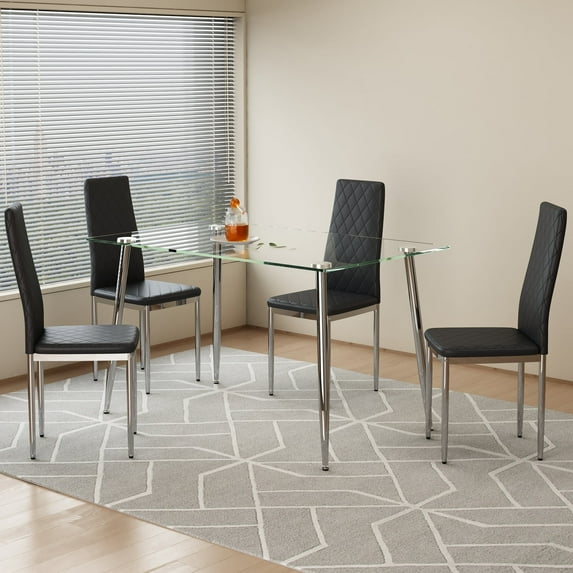 LUFTUT 5-Piece Kitchen Table and Chairs Set for 4, 51" Glass Dining Table with Chrome Legs, 4 Black PU Leather Dining Chairs, Space-Saving for Apartment & Breakfast Nook, Easy Assembly