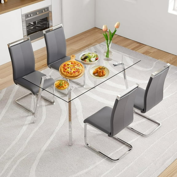 LUFTUT 5-Piece Kitchen Table and Chairs Set for 4, 51" Tempered Glass Dining Table with Chrome-Silver Metal Legs, 4 Gray PU Leather Chairs, Space-Saving Modern Dining Room Set