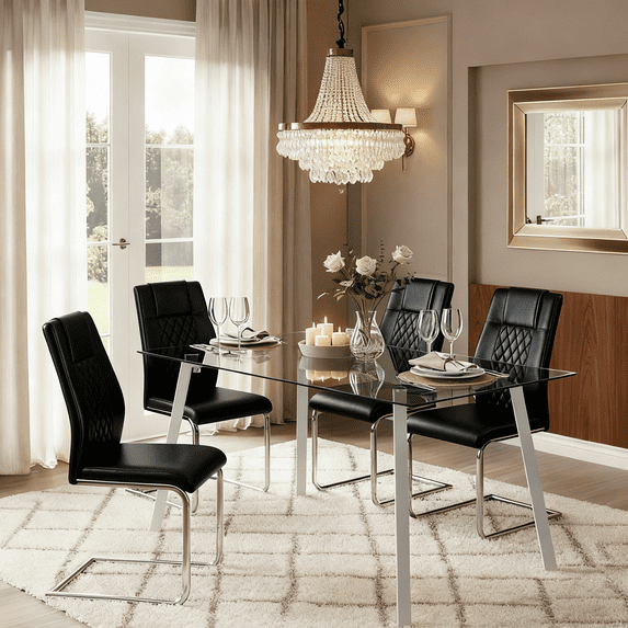 LUFTUT 5-Piece Kitchen Table and Chairs Set for 4, 51" Tempered Glass Dining Table with Chrome-Silver Metal Legs, 4 PU Leather Chairs, Space-Saving Modern Dining Room Set