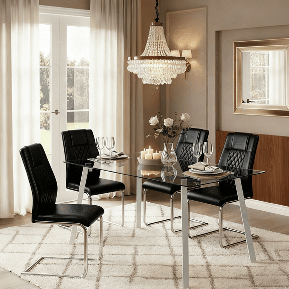 LUFTUT 5-Piece Kitchen Table and Chairs Set for 4, 51" Tempered Glass Dining Table with Chrome-Silver Metal Legs, 4 PU Leather Chairs, Space-Saving Modern Dining Room Set