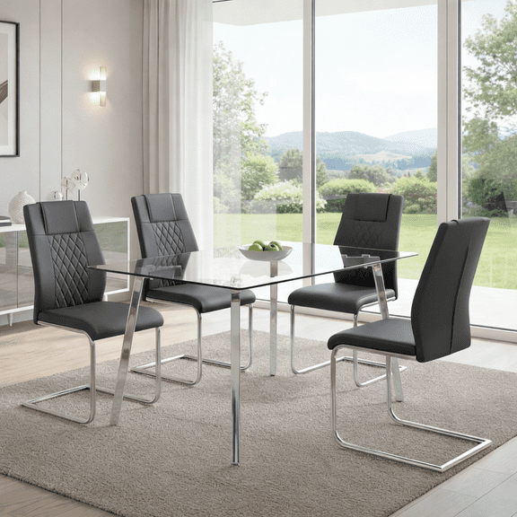 LUFTUT 5-Piece Kitchen Table and Chairs Set for 4, 51" Tempered Glass Dining Table with Chrome-Silver Metal Legs, 4 PU Leather Chairs, Space-Saving Modern Dining Room Set