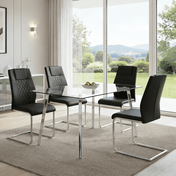 LUFTUT 5-Piece Kitchen Table and Chairs Set for 4, 51" Tempered Glass Dining Table with Chrome-Silver Metal Legs, 4 PU Leather Chairs, Space-Saving Modern Dining Room Set